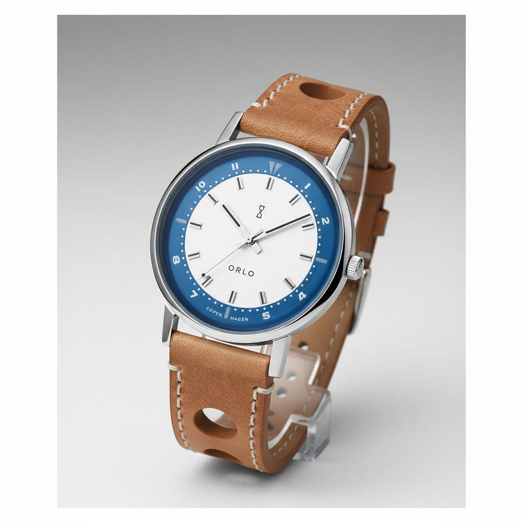 A silver-toned watch with a blue dial, camel-colored leather strap, and a silver caseback. The watch has a classic design with a simple, elegant appearance.