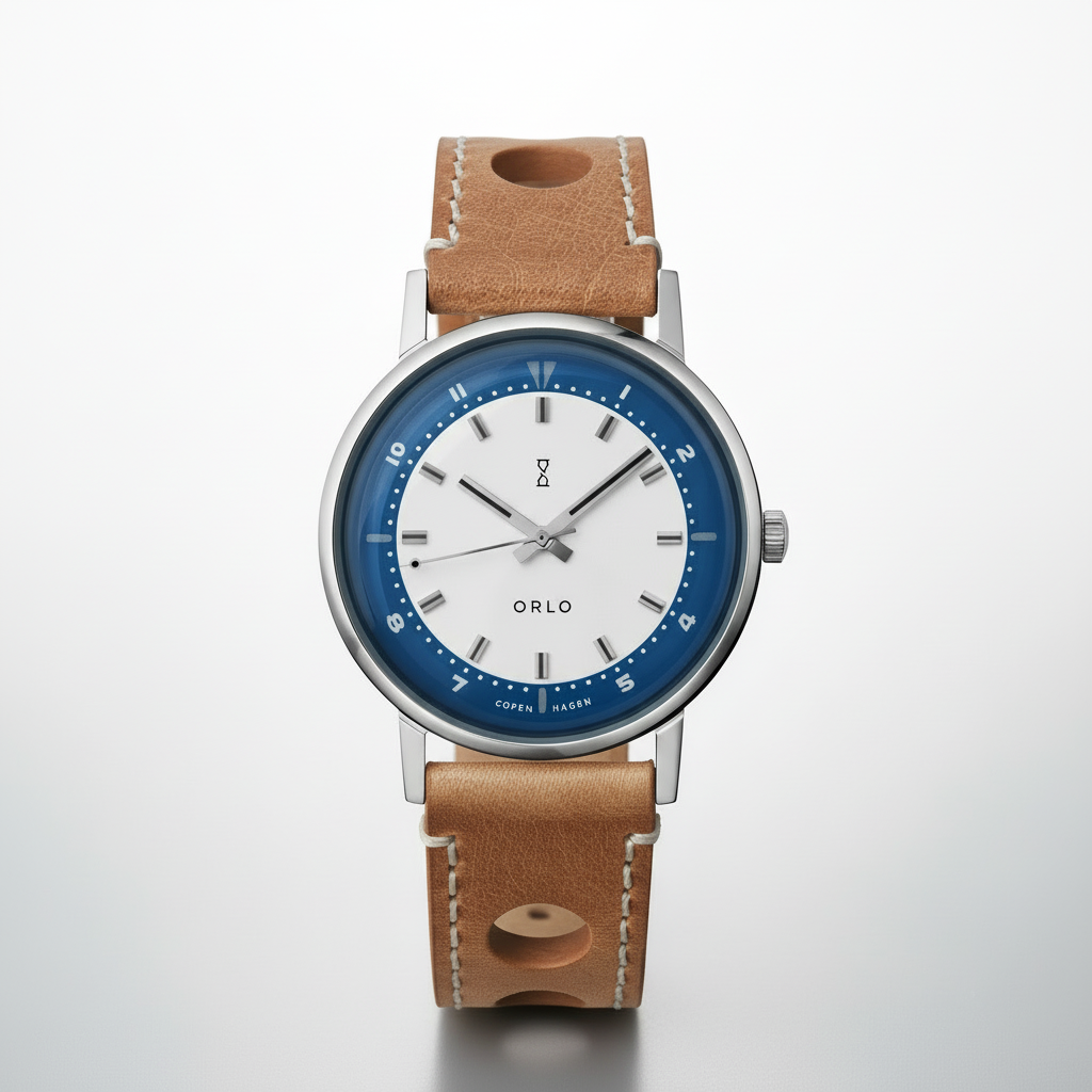 A silver-toned watch with a blue dial, camel-colored leather strap, and a silver caseback. The watch has a classic design with a simple, elegant appearance.