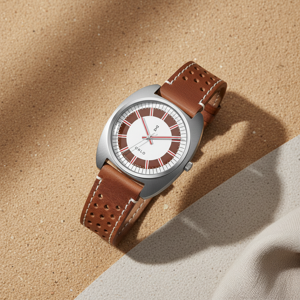 A stainless steel watch with a brown dial, brown leather band, and silver casing. The watch has a turtle-shaped case and features a multi-tone color dial with hour markers and a brand logo at the 12 o'clock position.
