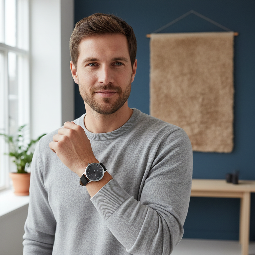Man wearing a gray sweater and watch in a room with a plant and wall art.