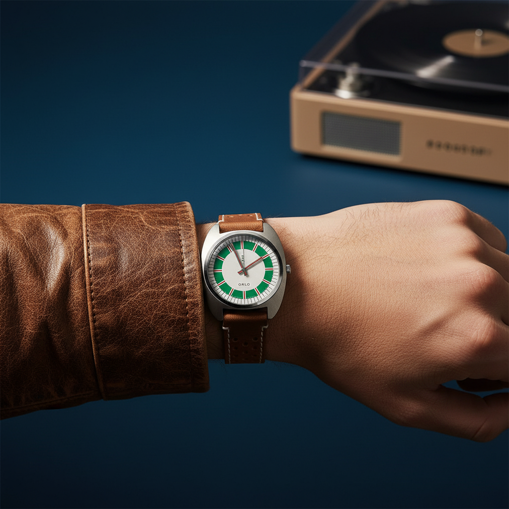 Hand wearing a watch with a record player in the background