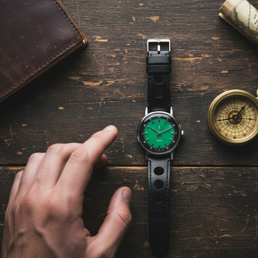 Watch with green face on a wooden surface with a hand, compass, and map.