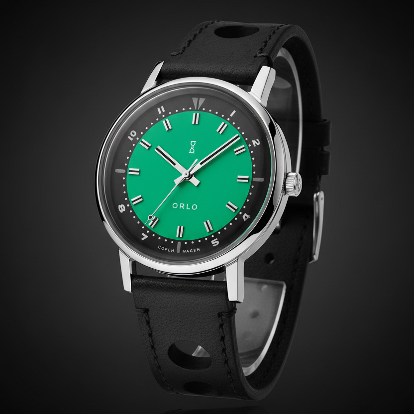 Watch with a green face and black strap on a dark background