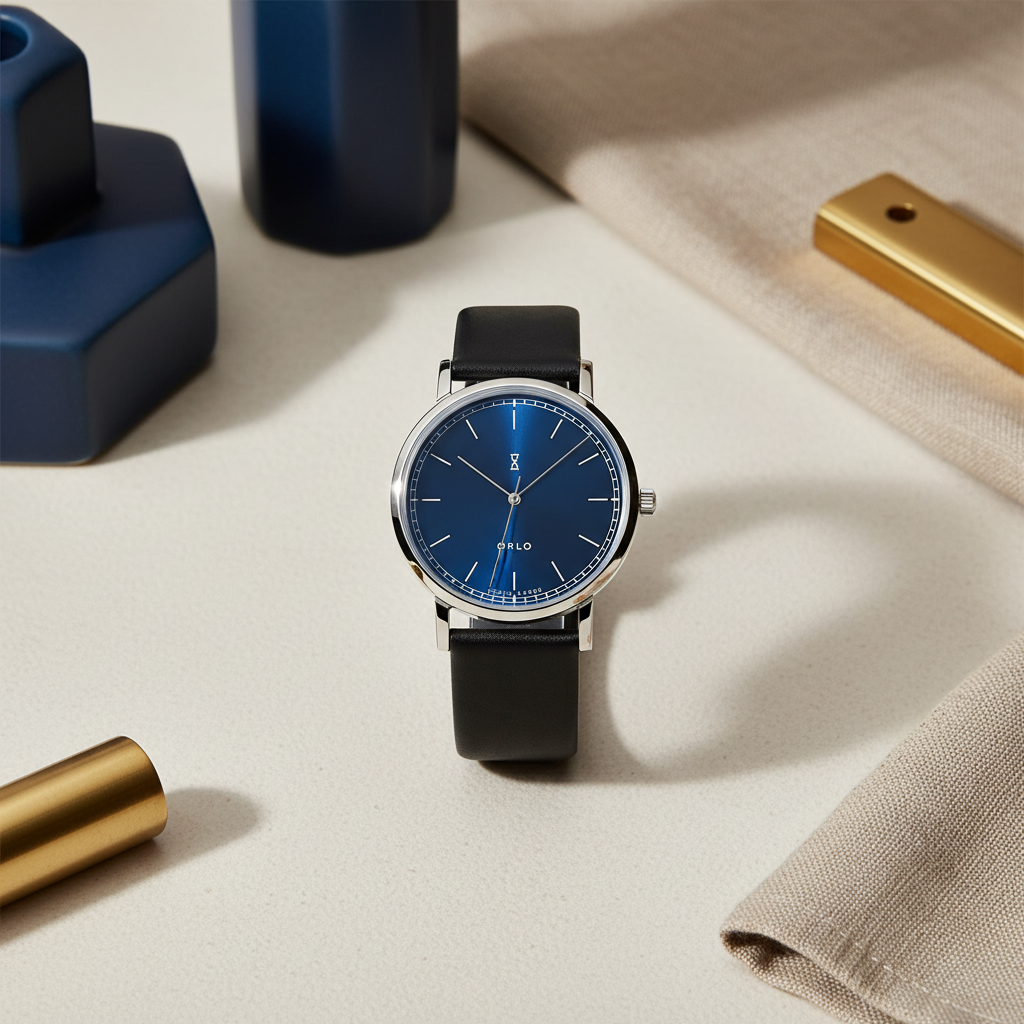 Watch with blue dial and black strap on a light surface with minimal background