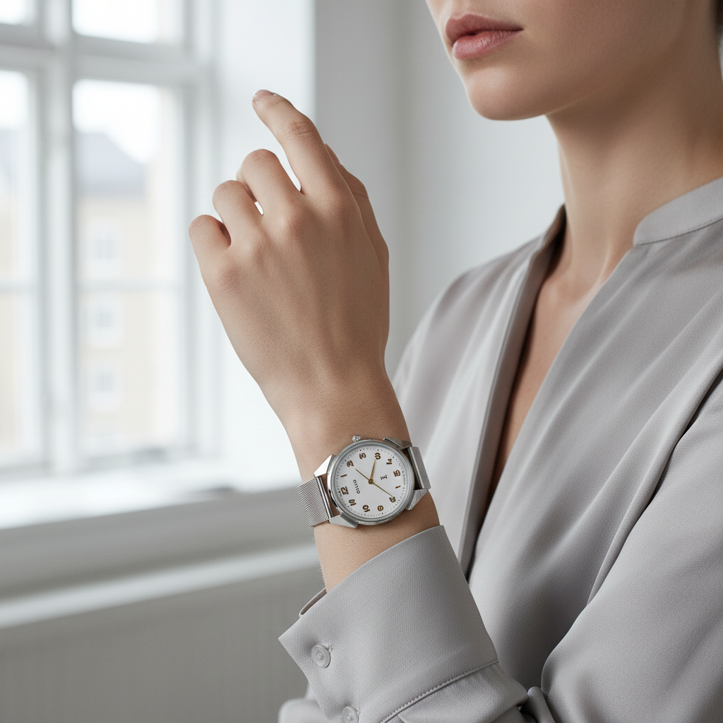 Person wearing a silver watch with a blurred background