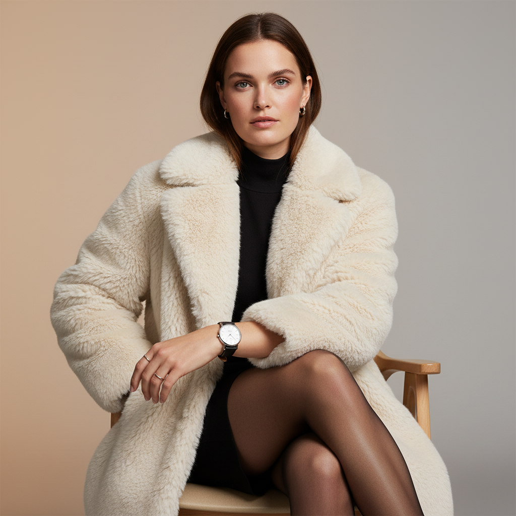 Woman wearing a cream fur coat sitting on a chair against a neutral background