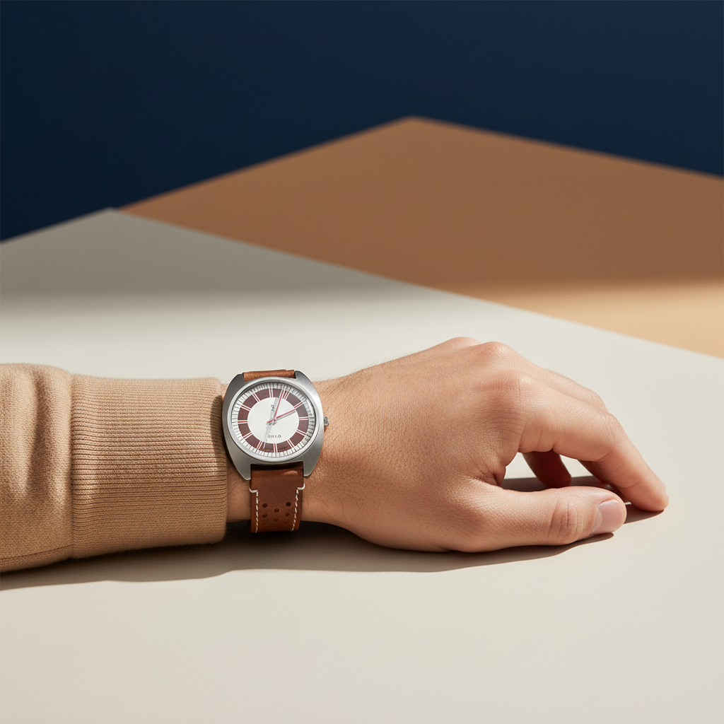 Hand wearing a watch with a brown leather strap on a neutral background
