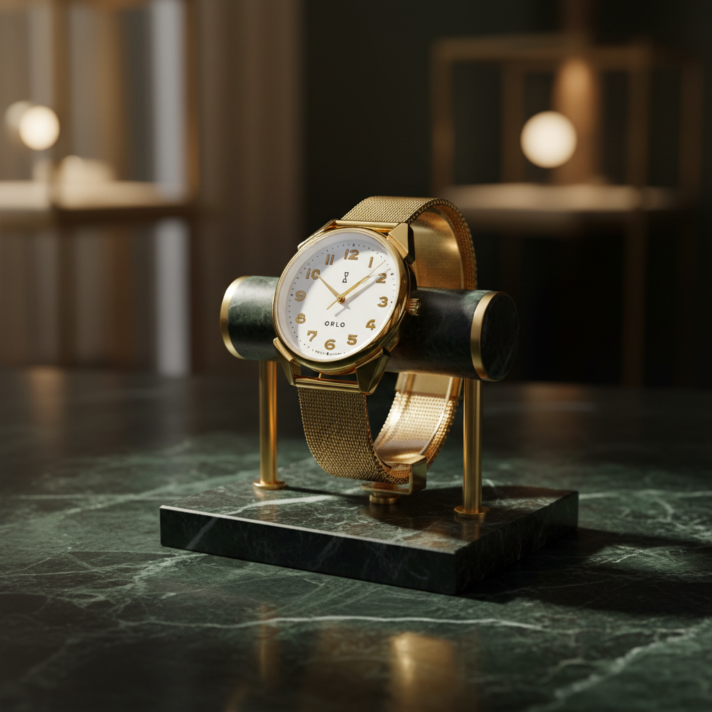 Gold watch on a stand with a blurred background