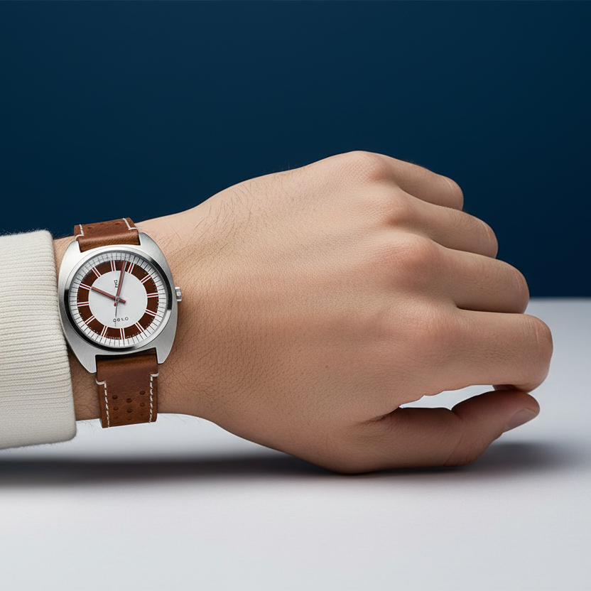 Hand wearing a watch with a brown leather strap on a neutral background