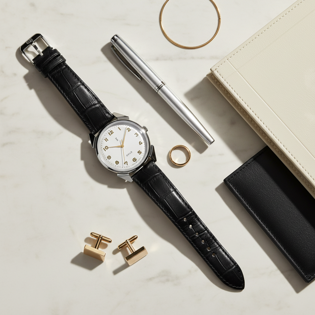 Black watch with white face, gold cufflinks, pen, and wallet on a light surface