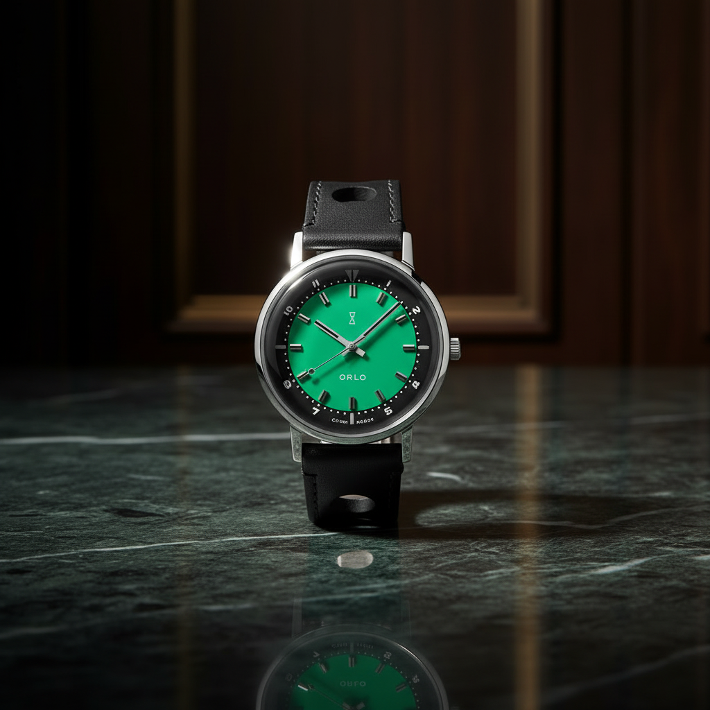 Watch with green face and black strap on a dark marble surface