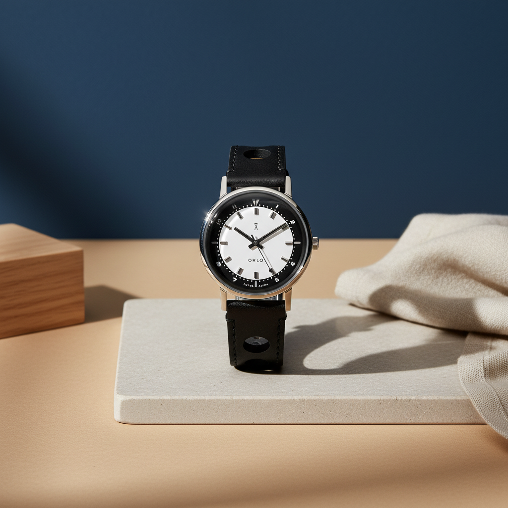 Watch with black strap on a white stand against a blue background