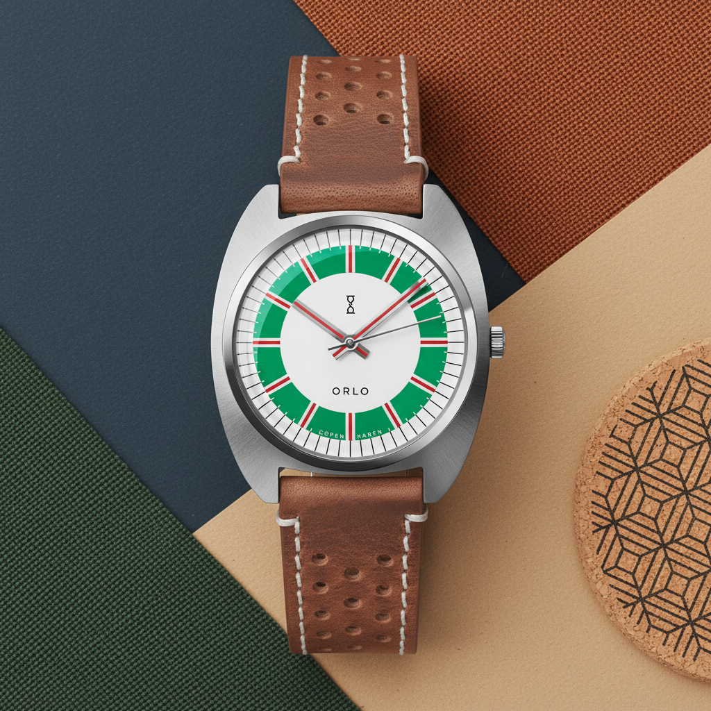 Watch with brown leather strap and green face on a multicolored background