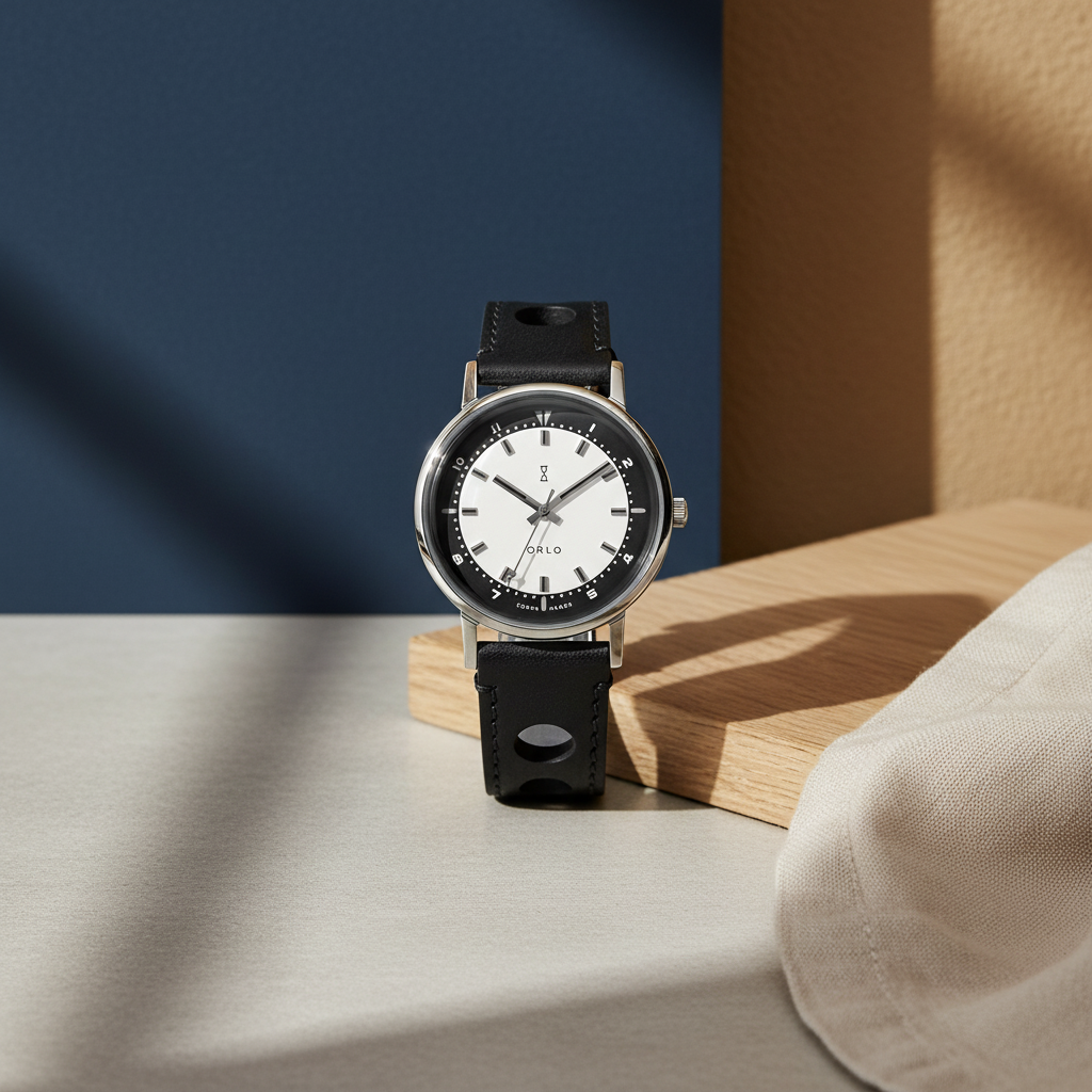 Watch with black strap on a wooden stand against a neutral background