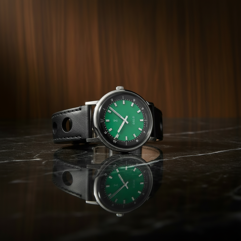 Green wristwatch with black leather strap on a reflective surface with a dark background