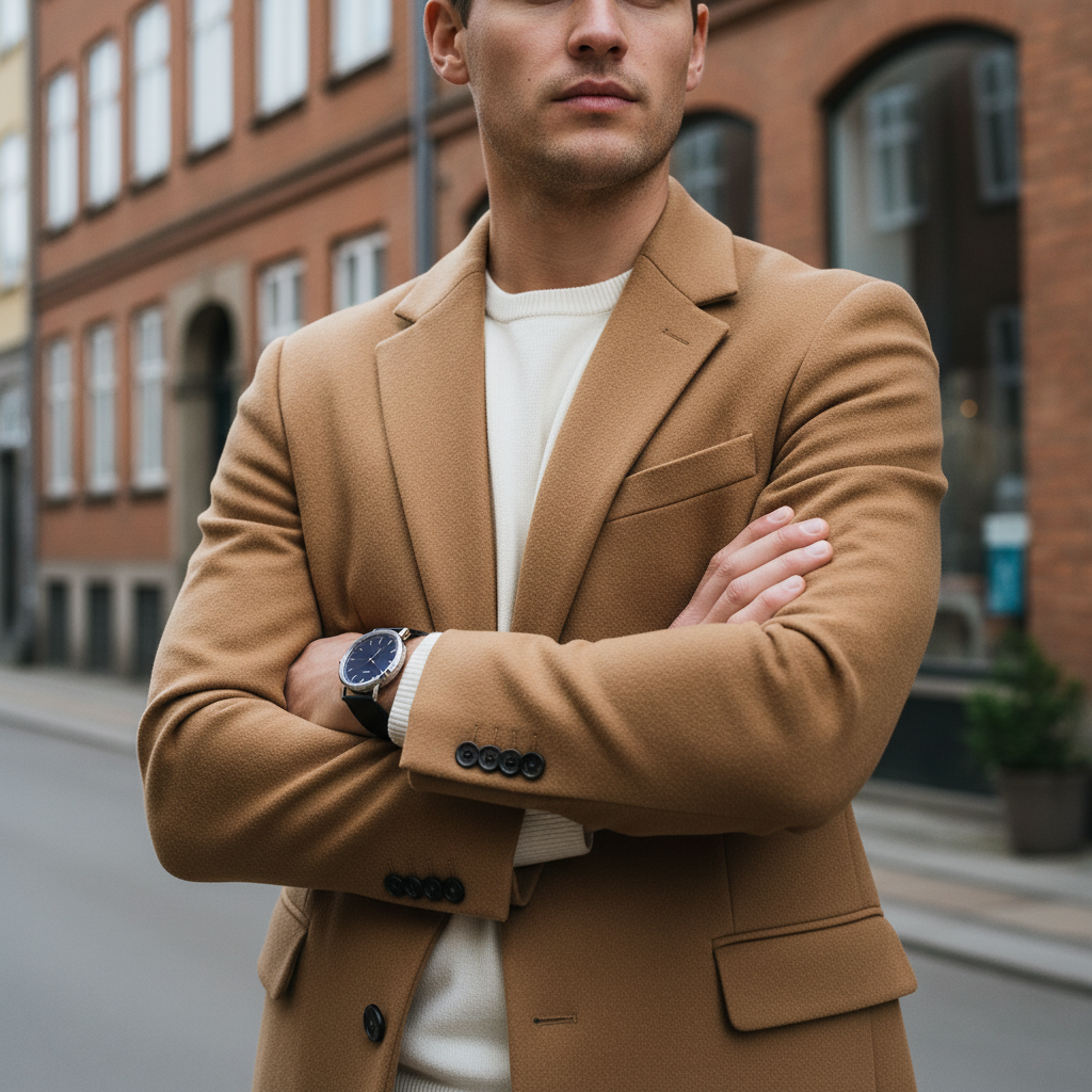 Man wearing a brown suit standing on a street with buildings in the background