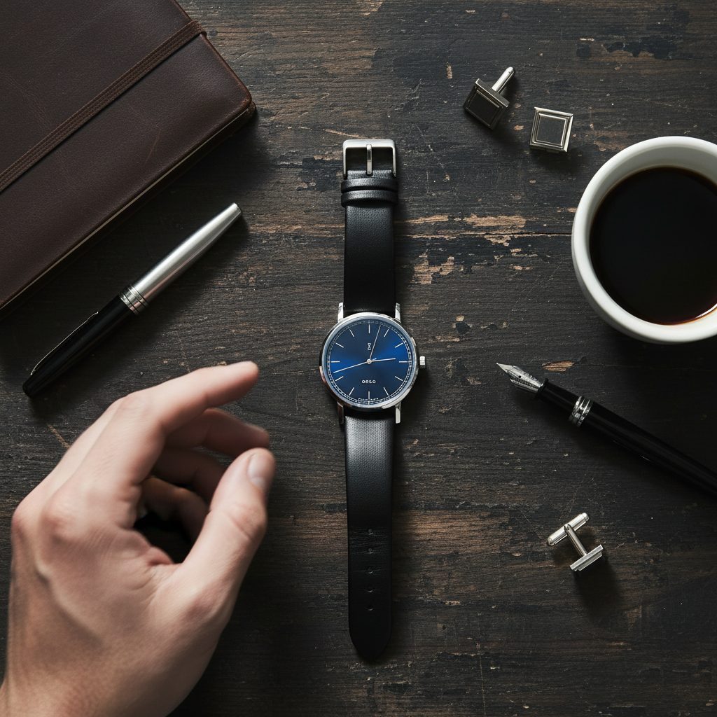 Black wristwatch on a wooden surface with a hand, coffee cup, pen, and cufflinks.