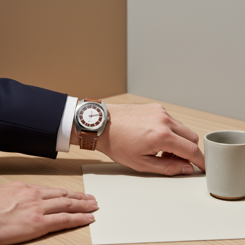 Person wearing a watch with a brown leather strap on a table with a cup and paper.