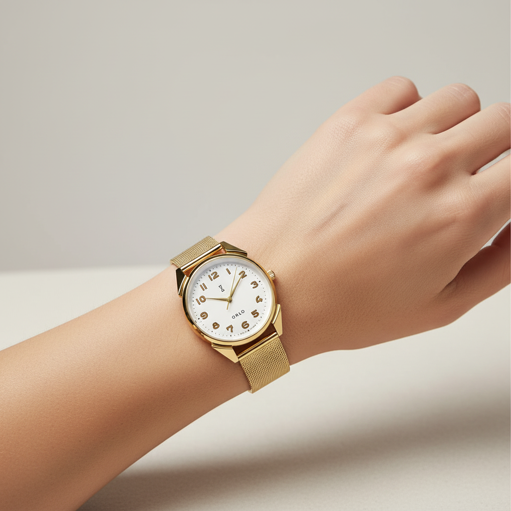 Gold wristwatch with a white face on a neutral background