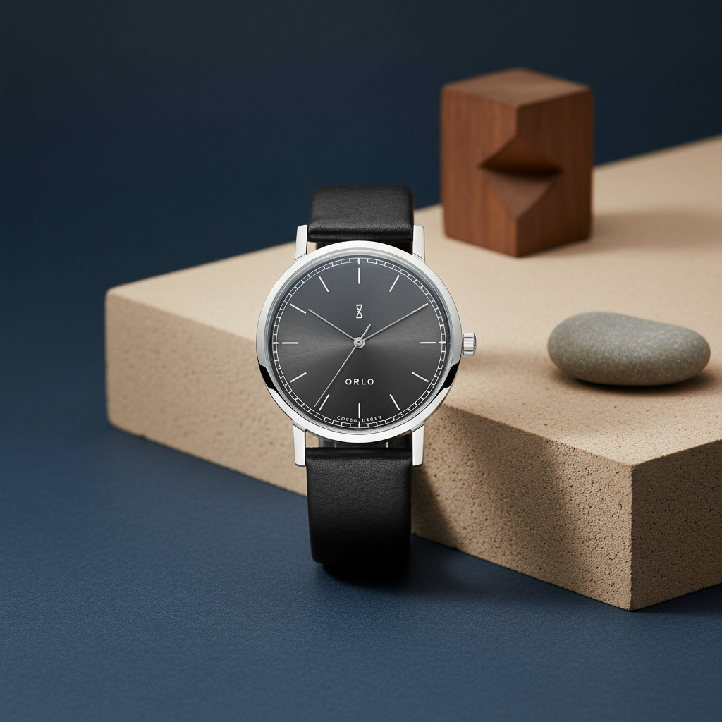 Black wristwatch with silver case on a beige platform with geometric shapes and a rock.