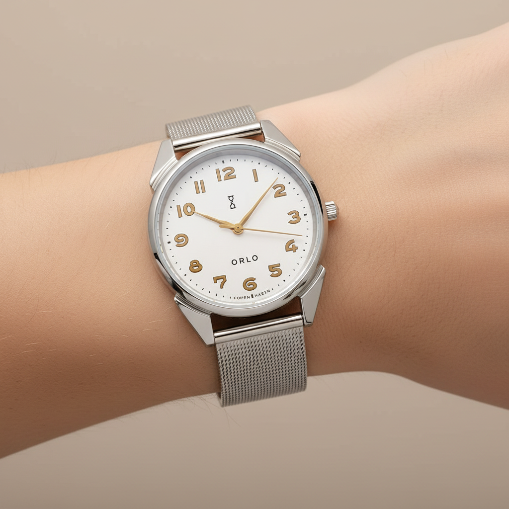 Silver watch with a white face on a wrist against a beige background