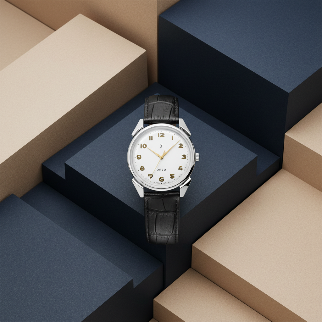 Watch with black leather strap on a geometric multicolor background